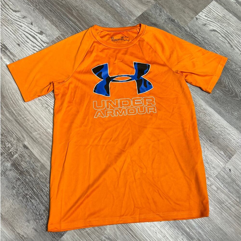 Under Armour Youth HeatGear T Shirt Orange Logo Athleisure Tee Boys YMD